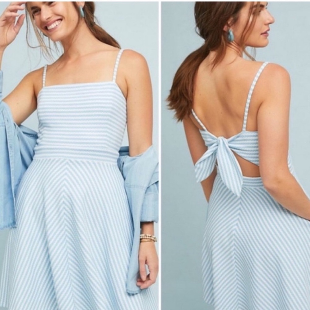 Hutch Anthropologie Molly Textured Stripe Dress Blue White Bow Back MP